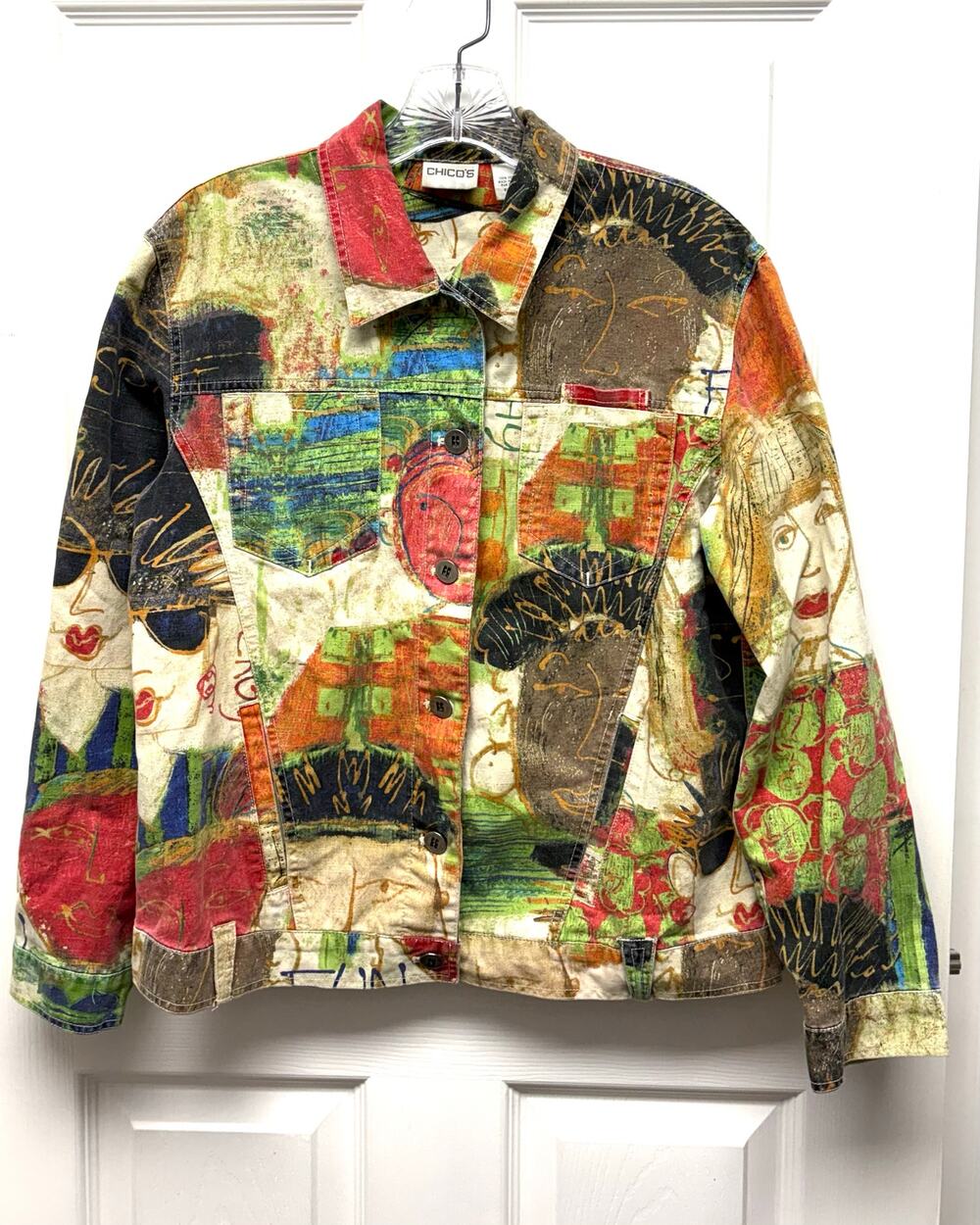 Chico’s Jacket Colorful Abstract Art Print Jean Women’s Size 4 6 Statement Denim